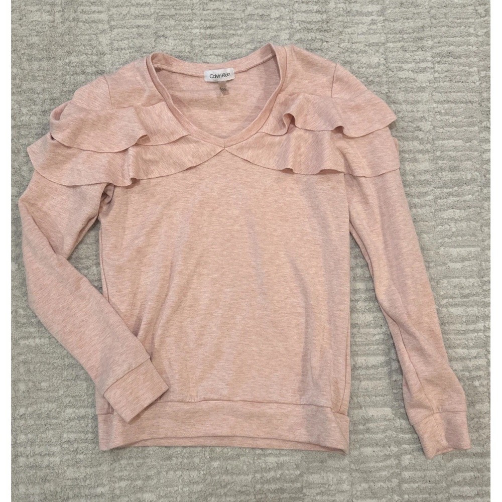 CALVIN‎ KLEIN Heathered Pink Ruffle Front Sweater Top Blouse Long Sleeve XS